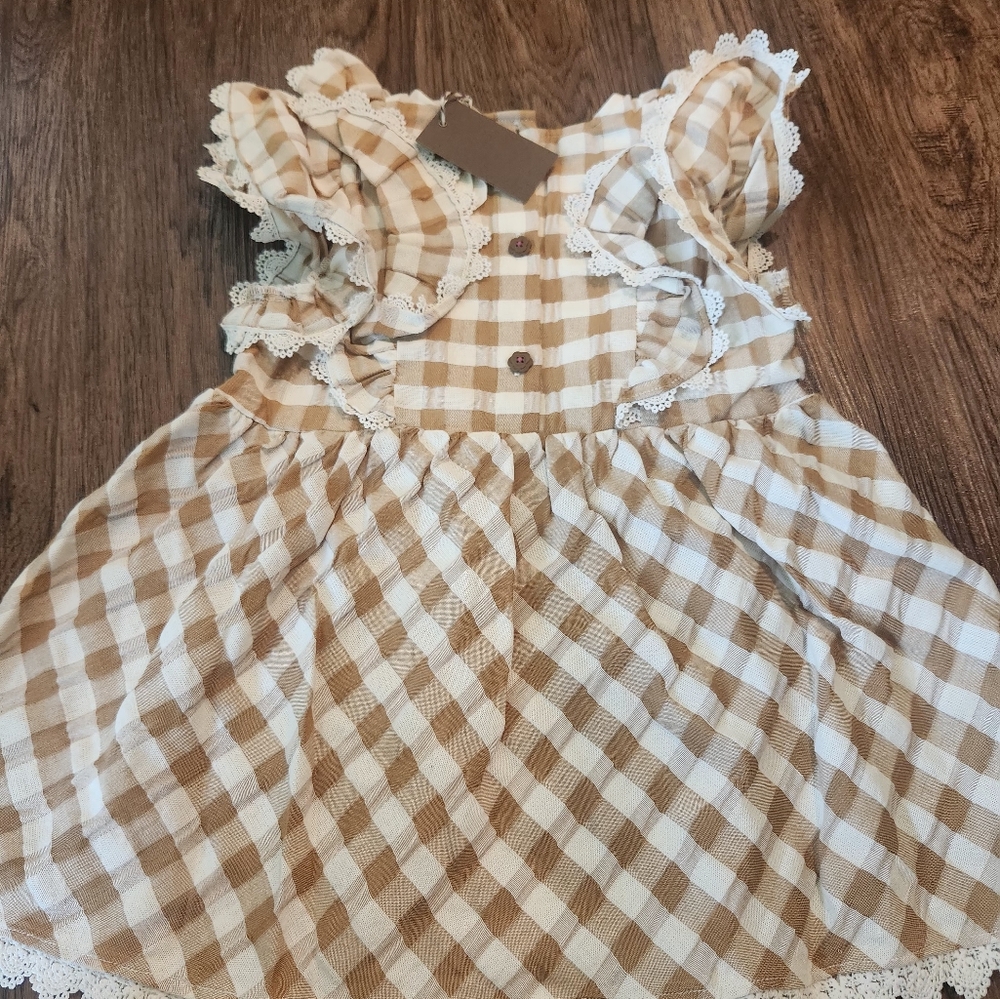 NWT Matilda Jane Tan and White Gingham Top with Lace - Picture 3 of 4